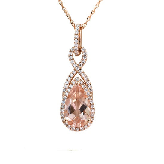 12X7MM Pear Morganite and Diamond Halo 18" Pendant in 14KT Rose Gold