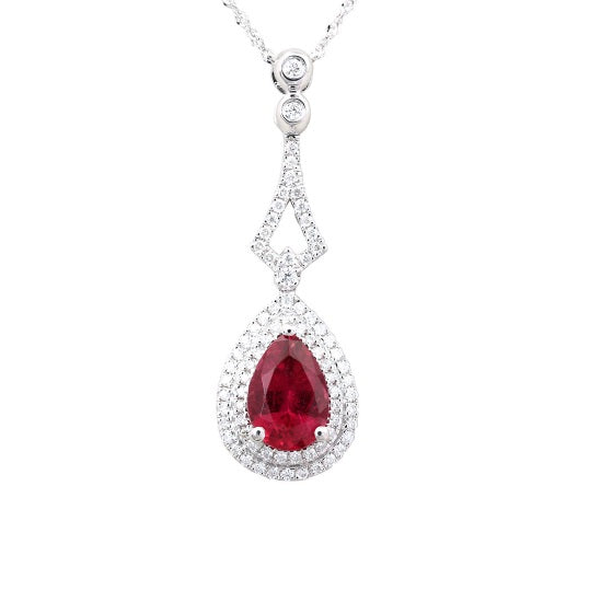 9X6MM Pear Rubellite and Diamond Halo 18" Pendant in 14KT White Gold