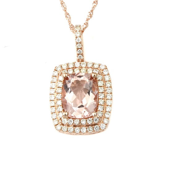 9X7MM Cushion Morganite and Diamond Halo 18" Pendant in 14KT Rose Gold