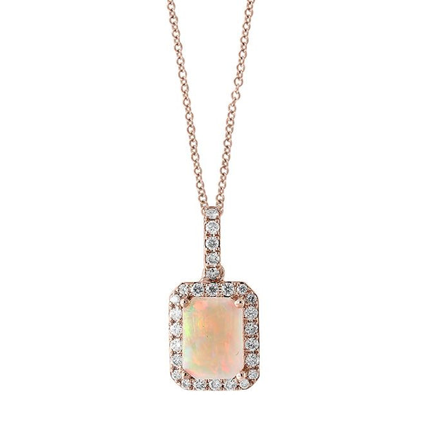 EFFY 8X6MM Emerald Shape Opal and Diamond Halo 18" Pendant in 14KT Rose Gold