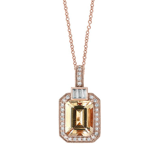 EFFY 9X7MM Emerald Shape Morganite and Diamond Halo 18" Pendant in 14KT Rose Gold