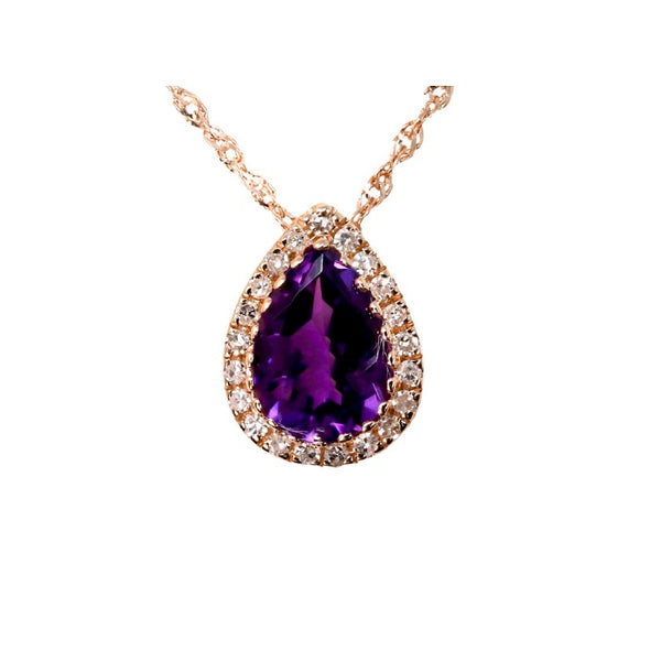 7X5MM Pear Amethyst and Diamond Halo 18" Pendant in 14KT Rose Gold