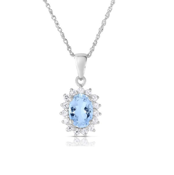 7X5MM Oval Aquamarine and White Topaz Halo 18" Pendant in 10KT White Gold