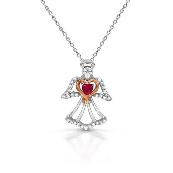 4MM Heart Shape Ruby and White Sapphire Gem Stone Angel Heart Eternal Romance 18" Pendant in Sterling Silver