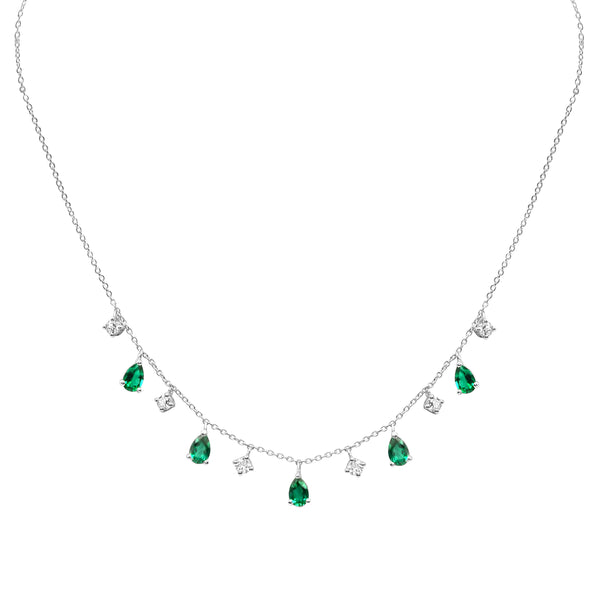 6X4MM Pear Emerald and White Sapphire 18" Necklace in Rhodium Plated Sterling Silver