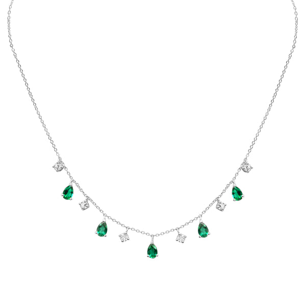 6X4MM Pear Emerald and White Sapphire 18" Necklace in Rhodium Plated Sterling Silver