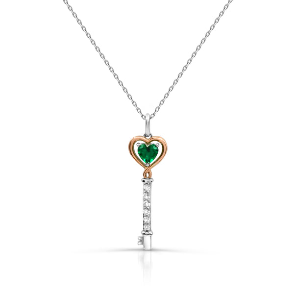 Created Emerald and White Sapphire 18" Pendant in Sterling Silver