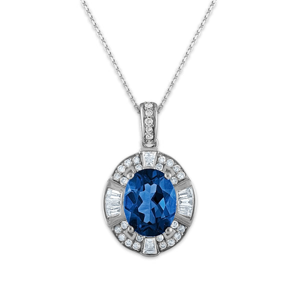 9X7MM Oval London Blue Topaz and Diamond 18" Pendant in 10KT White Gold