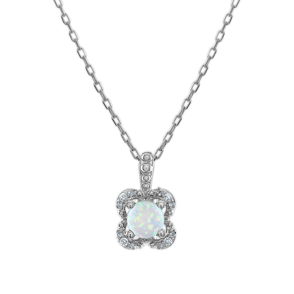 5MM Round Opal and White Sapphire Birthstone Flower Halo Pendant in Sterling Silver