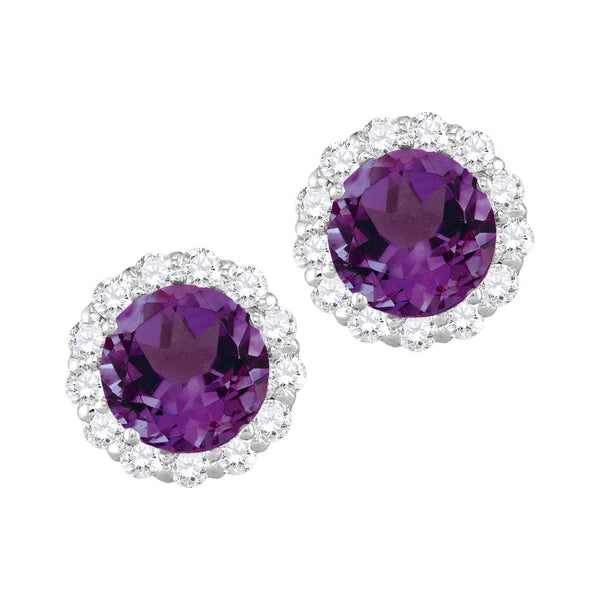 6MM Round Amethyst and White Sapphire Birthstone Halo Stud Earrings in 10KT White Gold