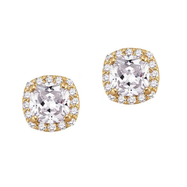5MM Cushion White Topaz and White Sapphire Birthstone Halo Stud Earrings in 10KT Yellow Gold