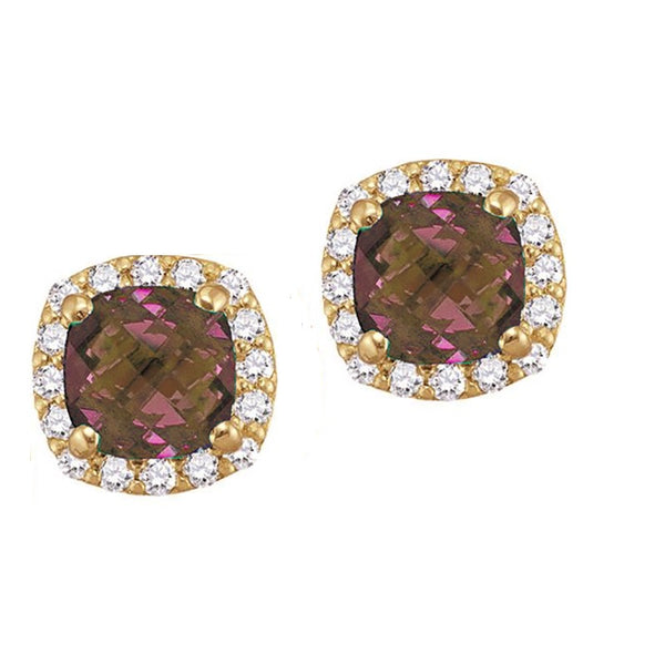5MM Cushion Alexandrite and White Sapphire Birthstone Halo Stud Earrings in 10KT Yellow Gold