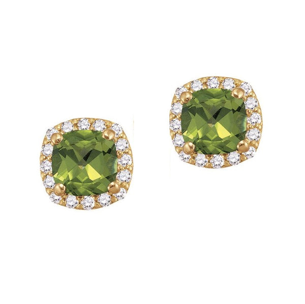 5MM Cushion Peridot and White Sapphire Birthstone Halo Stud Earrings in 10KT Yellow Gold