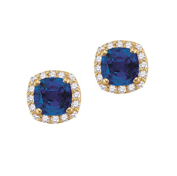 5MM Cushion Blue Sapphire and White Sapphire Birthstone Halo Stud Earrings in 10KT Yellow Gold