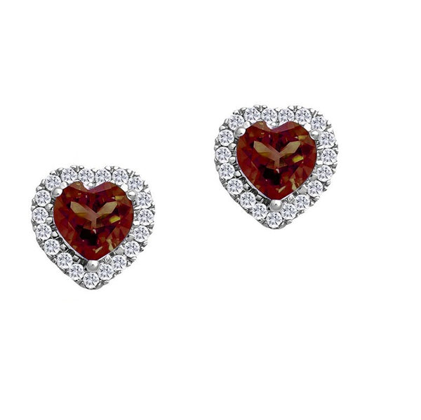5MM Heart Shape Garnet and White Sapphire Birthstone Halo Stud Earrings in 10KT White Gold