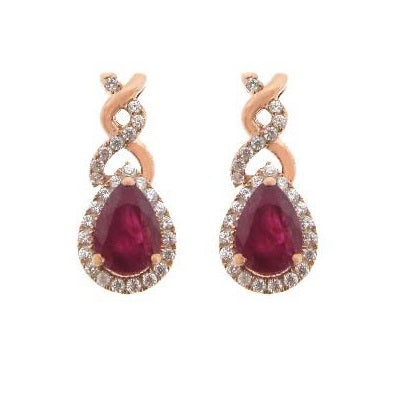 6X4MM Pear Ruby and Diamond Stud Twist Earrings in 10KT Rose Gold