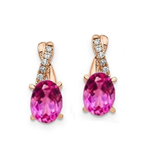 7X5MM Oval Pink Sapphire and Diamond Birthstone Earrings in 10KT Rose Gold