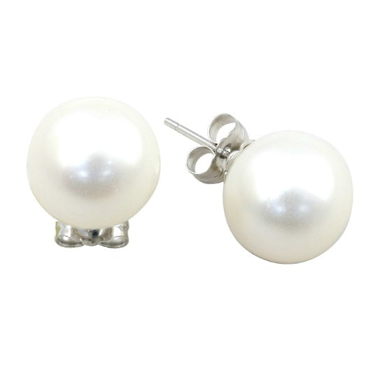 9MM Round Fresh Water Pearl Stud Earrings in 14KT White Gold