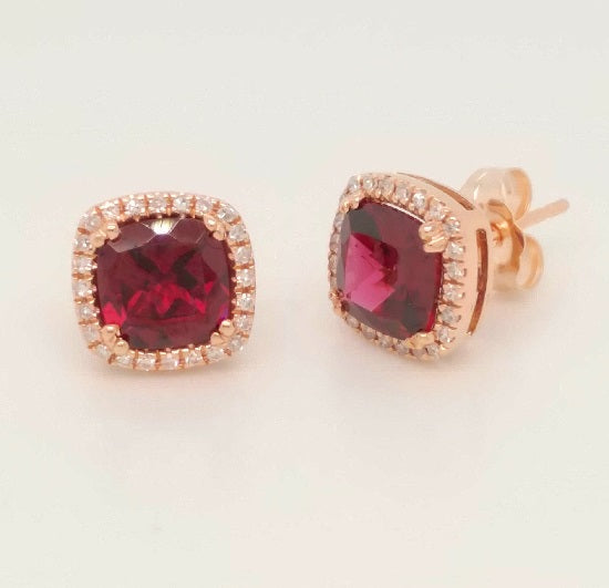 6MM Cushion Rhodolite Garnet and Diamond Halo Stud Earrings in 14KT Rose Gold