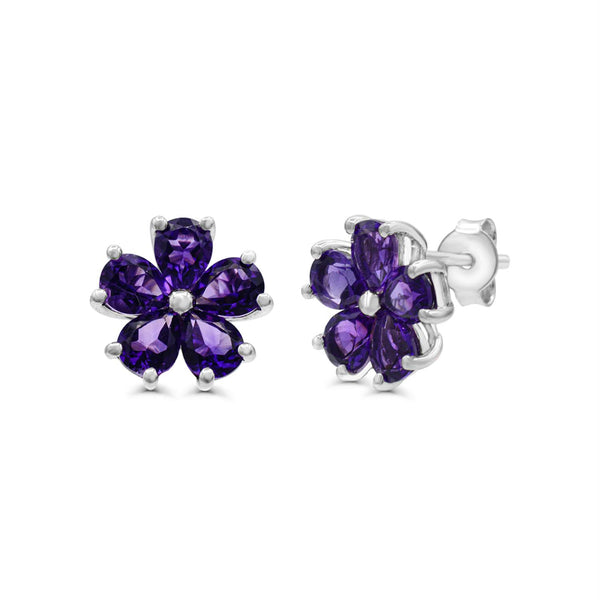 Amethyst Flower Stud Earrings in Sterling Silver