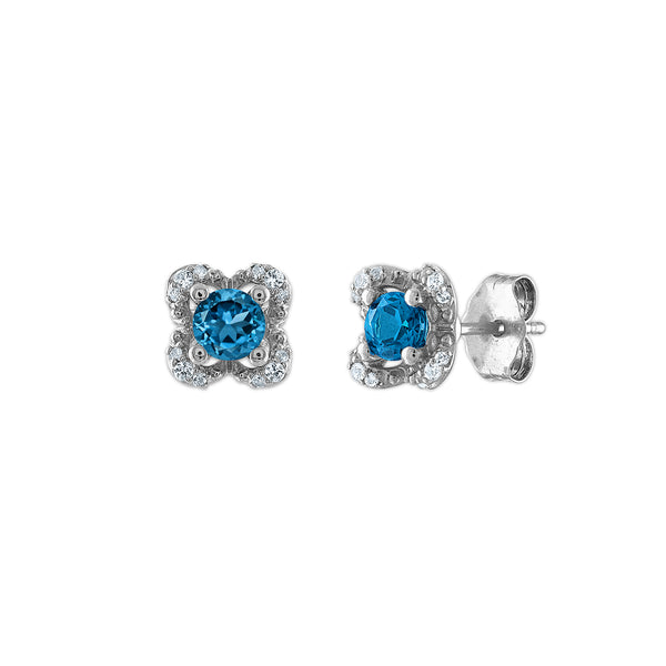4MM Round Topaz and White Sapphire Birthstone Flower Halo Earrings in Sterling Silver