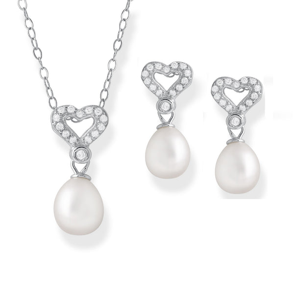 Round Pearl and Cubic Zirconia 18" Pendant in Sterling Silver