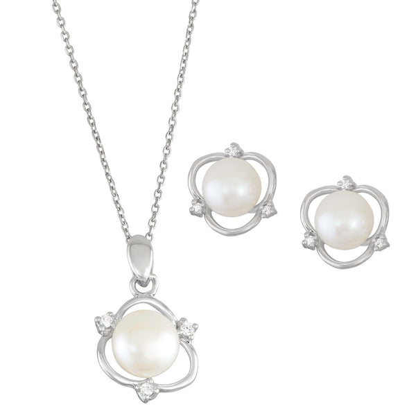 Round Pearl and Cubic Zirconia 18" Pendant in Sterling Silver