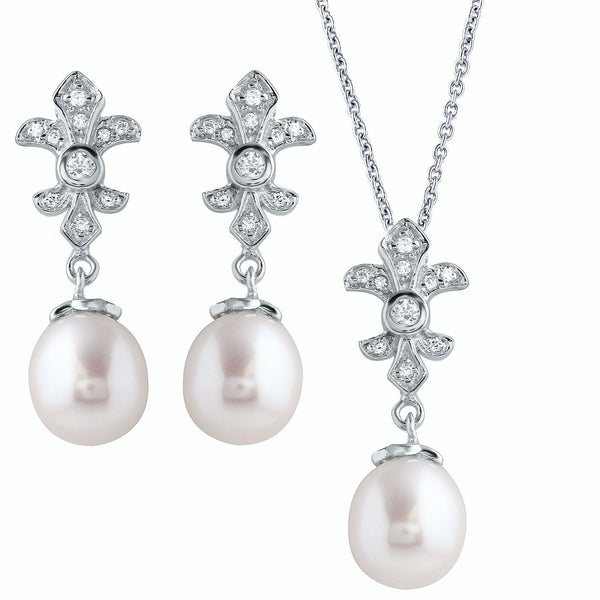 Round Pearl and Cubic Zirconia Gem Stone Box Set 18" Pendant in Sterling Silver
