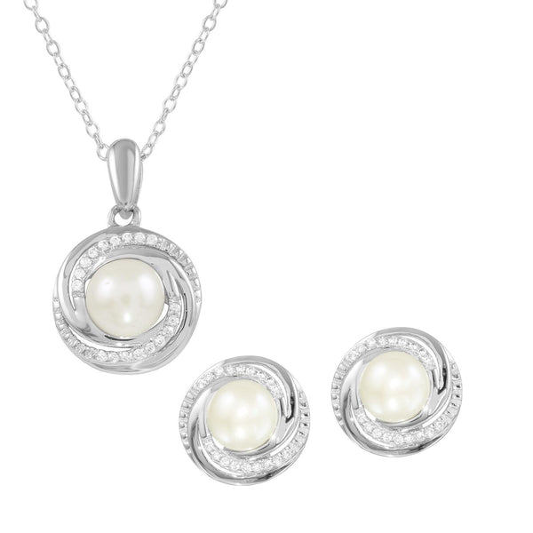 Round Pearl and Cubic Zirconia 18" Pendant in Sterling Silver