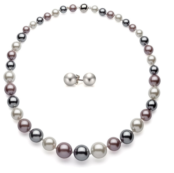 Round Shell Pearl Gem Stone Box Set 18" Necklace in Sterling Silver