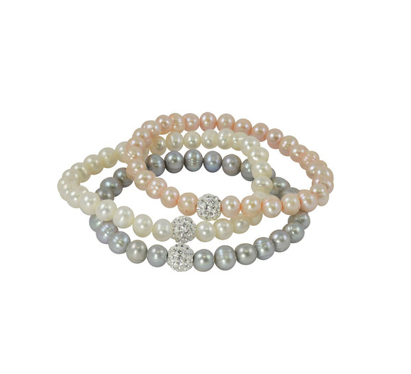 6MM White Pink Grey Pearl 3-Pair Stretch Bracelet