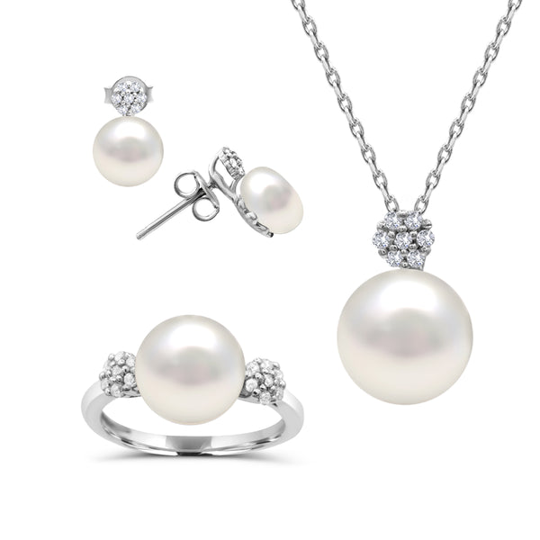 Pearl and White Sapphire Ring Pendant Earrings Set in Sterling Silver