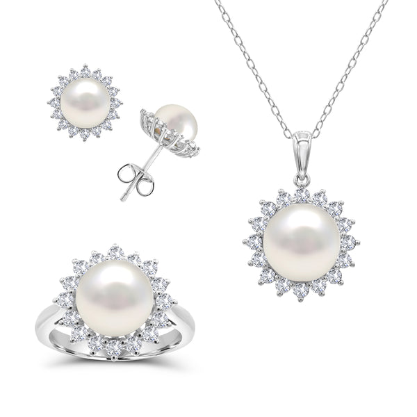 Round Pearl and Sapphire Box Set 18" Pendant in Sterling Silver