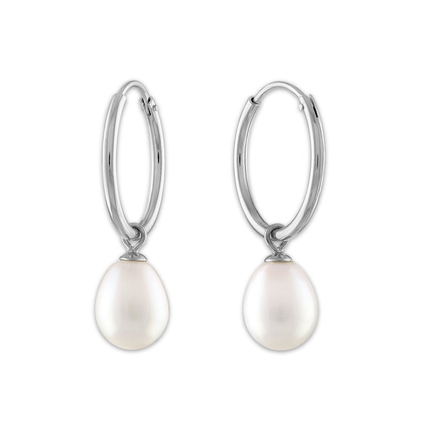 Round Pearl Hoop Drop & Dangle 6-7.5MM Earrings in Rhodium Plated Sterling Silver