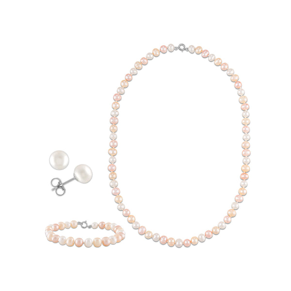 6MM Round Pearl Fashion Necklace/Bracelet/Earring 18" Sets in Rhodium Plated Sterling Silver