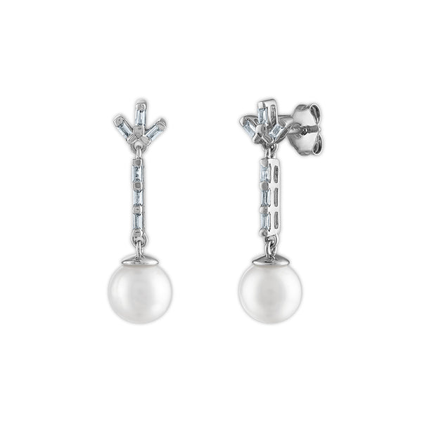 7MM Round Pearl and White Sapphire Fashion Drop & Dangle Earrings in Rhodium Plated Sterling Silver