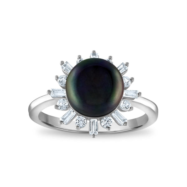 9MM Round Pearl and White Sapphire Fashion Ring in Rhodium Plated Sterling Silver