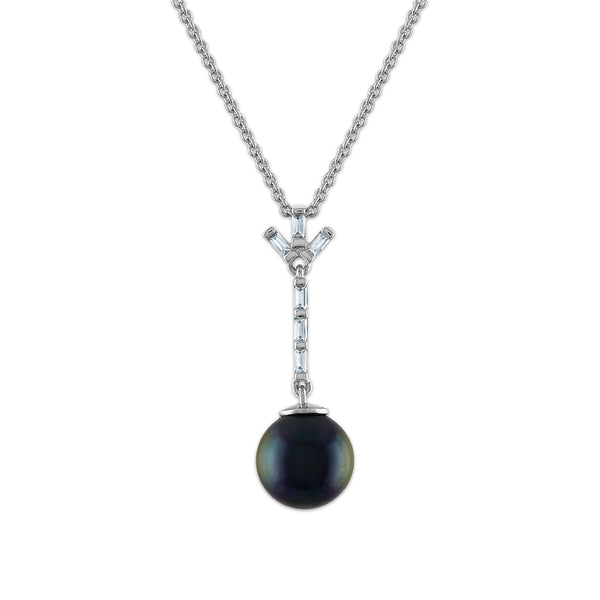 8MM Round Pearl and White Sapphire Fashion 18" Pendant in Rhodium Plated Sterling Silver