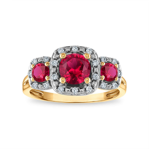 LoveSong EcoLove Round Ruby and Ruby Three Stone Halo Ring in 10KT Yellow Gold