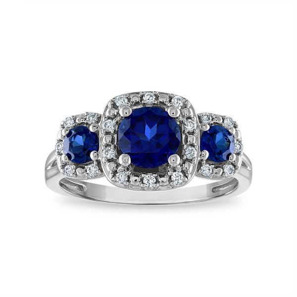 LoveSong EcoLove 6XMM Round Blue Sapphire and Diamond Three Stone Halo Ring in 10KT White Gold