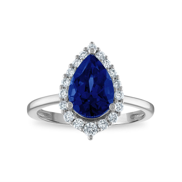 LoveSong EcoLove 10X7MM Pear Blue Sapphire and Diamond Halo Ring in 10KT White Gold