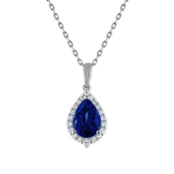 LoveSong EcoLove 10X7MM Pear Blue Sapphire and Diamond Halo 18" Pendant in 10KT White Gold