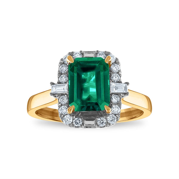 LoveSong EcoLove 8X6MM Emerald Shape Emerald and Diamond Halo Ring in 10KT Yellow Gold