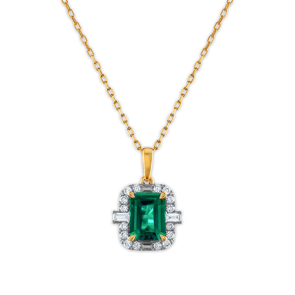 LoveSong EcoLove 8X6MM Emerald Shape Emerald and Diamond Halo 18" Pendant in 10KT Yellow Gold