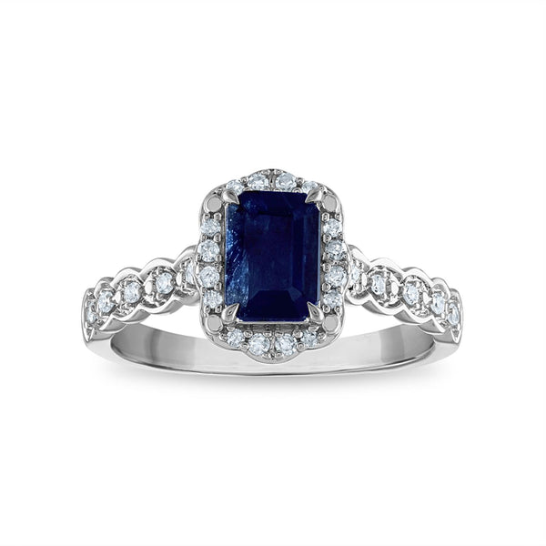 LoveSong 7X5MM Emerald Shape Sapphire and Diamond Halo Ring in 10KT White Gold