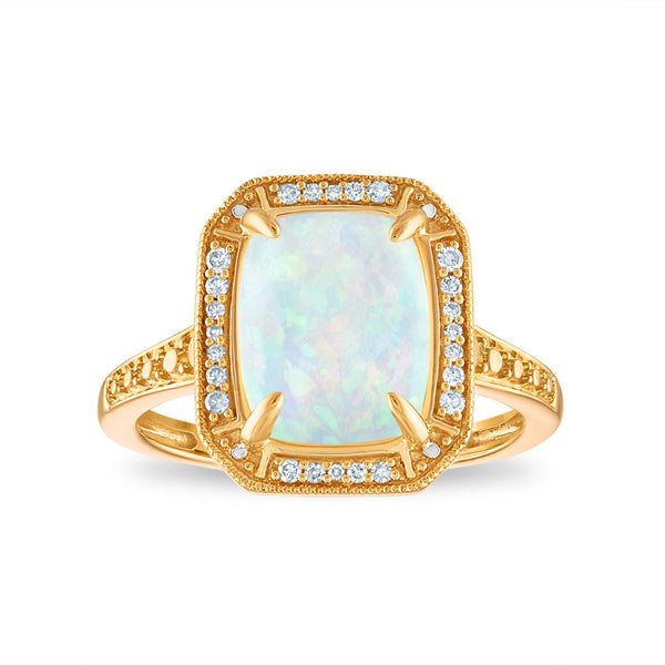 LoveSong 10X8MM Cushion Opal and Diamond Halo Ring in 10KT Yellow Gold