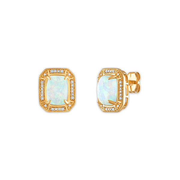 LoveSong 8X6MM Cushion Opal and Diamond Halo Earrings in 10KT Yellow Gold