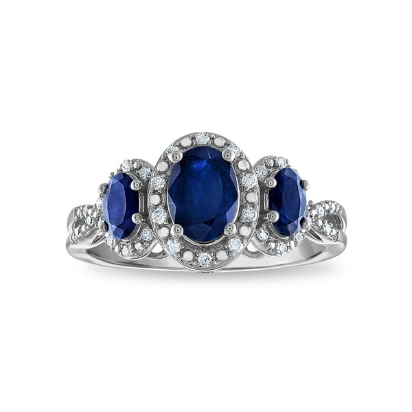 LoveSong Oval Sapphire and Diamond Three Stone Halo Ring in 10KT White Gold
