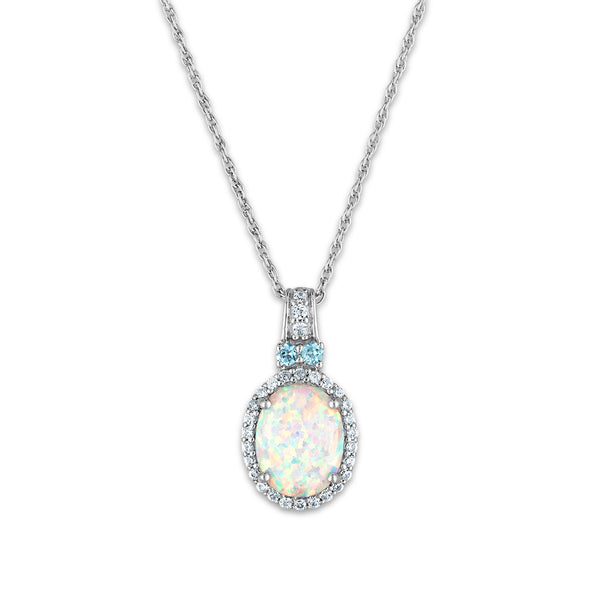 9X7MM Oval Opal and White Sapphire Halo 18" Pendant in Sterling Silver