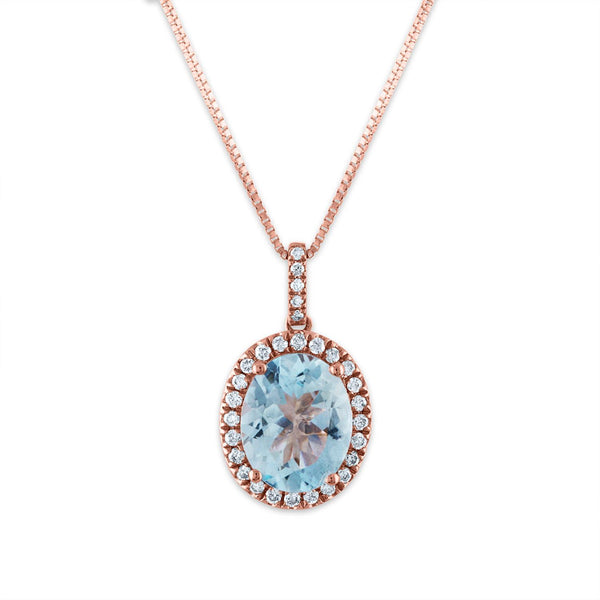 9X7MM Oval Aquamarine and Diamond Halo 18" Pendant in 14KT Rose Gold